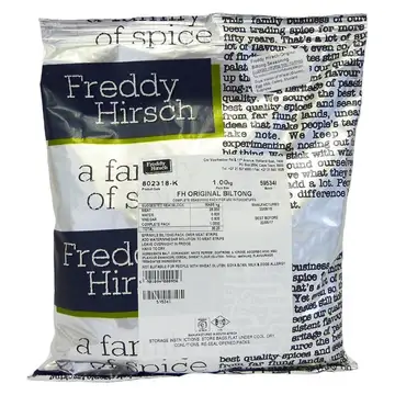 1kg pack of Freddy Hirsch Original Biltong Spice, featuring a blend of coriander and white pepper, available in Canada from The South African Shop