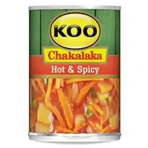410g KOO Chakalaka Hot can, a spicy South African vegetable relish, available in Canada from The South African Shop