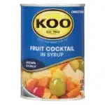 410g can of KOO Fruit Cocktail, a mix of fruits in syrup, available in Canada from The South African Shop