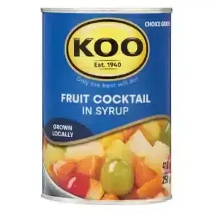 410g can of KOO Fruit Cocktail, a mix of fruits in syrup, available in Canada from The South African Shop