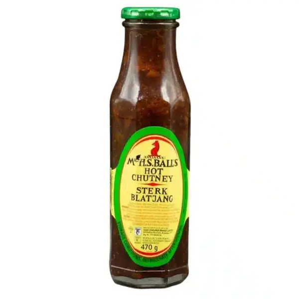 375ml Bottle of Mrs. Balls Chutney Hot, a spicy South African chutney available in Canada from The South African Shop