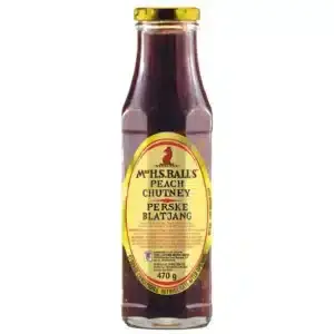 375ml Bottle of Mrs. Balls Chutney Peach, a sweet and tangy South African chutney, now available in Canada from The South African Shop