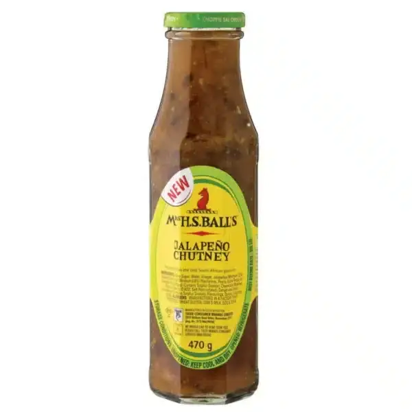 375ml Bottle of Mrs. Balls Chutney Jalapeño, sweet and tangy with a jalapeño kick, available in Canada from The South African Shop
