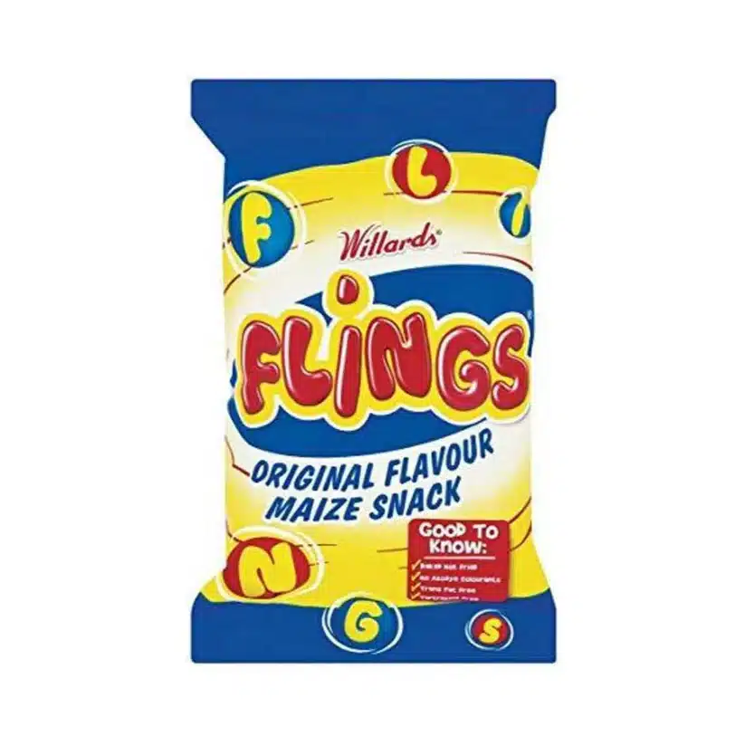 150g bag of Willards Flings, a popular South African puffed maize snack, available in Canada from The South African Shop