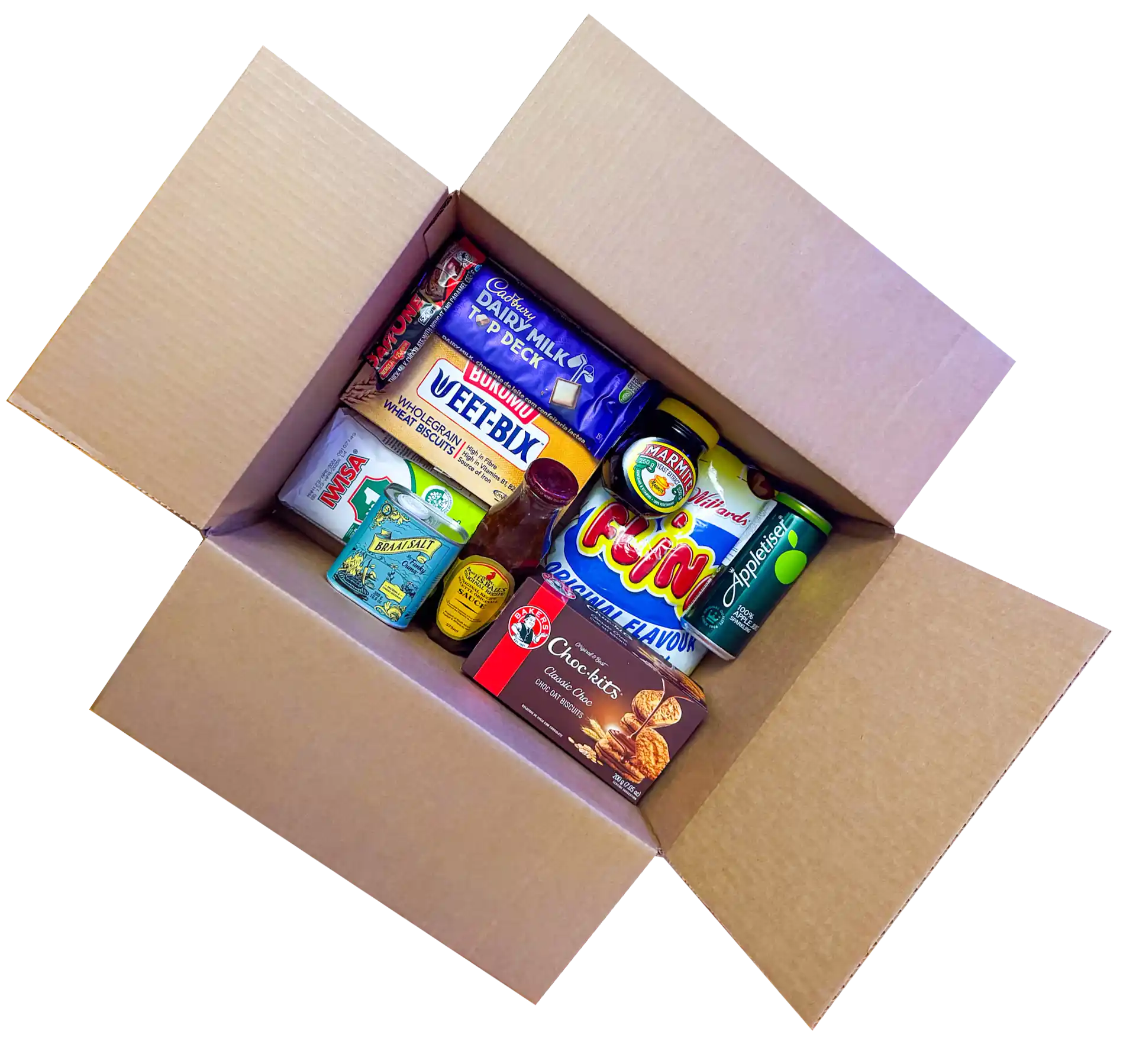 A box of South African snacks and pantry staples, including Cadbury’s Dairy Milk Top Deck, Weet-Bix, Marmite, Appletiser, Flings, and Chutney, ready for shipping anywhere in Canada.