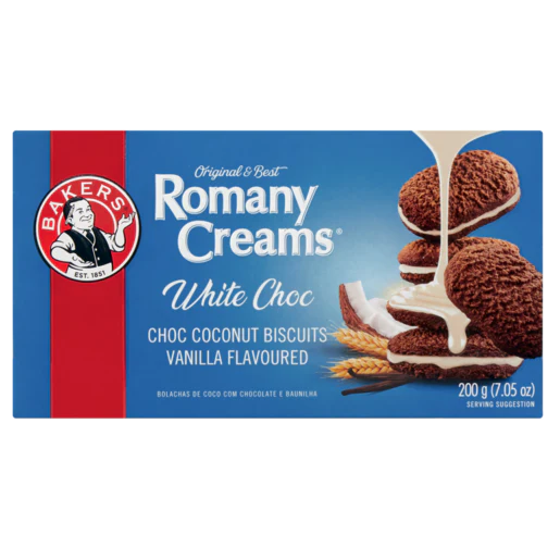 Bakers Romany Creams Vanilla Flavoured White Chocolate Biscuits 200g – Available in Canada