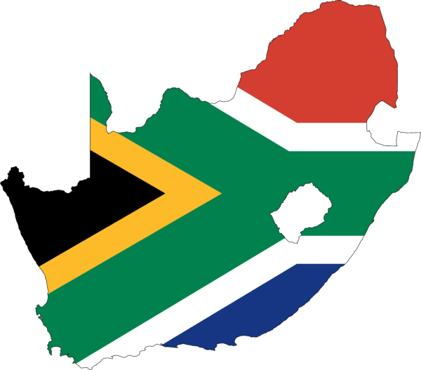 A die-cut vinyl sticker in the shape of South Africa, featuring the South African flag’s colors and design,
