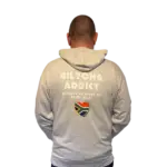 Back view of a gray hoodie featuring the Biltong Addict text, a South African flag heart, and the phrase “Proudly Powered by Dried Meat.”