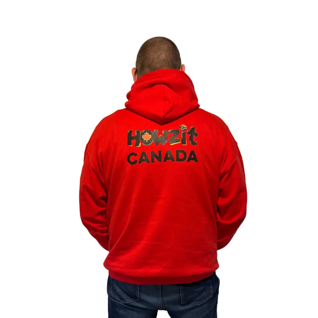 Man wearing a red Howzit Canada hoodie, showcasing the South African-Canadian themed design on the back.