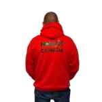 Man wearing a red Howzit Canada hoodie, showcasing the South African-Canadian themed design on the back.