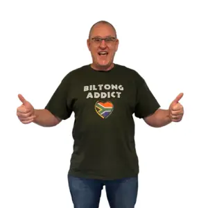 Classic-fit T-shirt with “Biltong Addict” branding, perfect for biltong lovers.