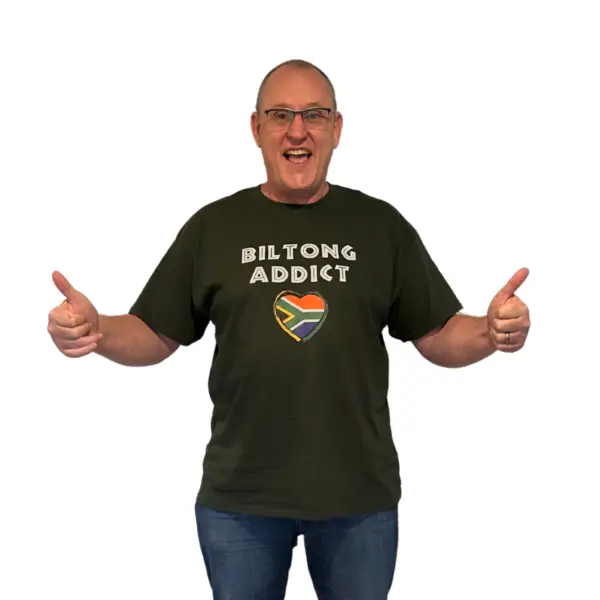 Classic-fit T-shirt with “Biltong Addict” branding, perfect for biltong lovers.