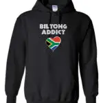 A black hoodie with “Biltong Addict” text and a heart-shaped South African flag on the front.