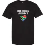 A black T-shirt with “Biltong Addict” text and a heart-shaped South African flag printed on the front.