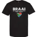 A black T-shirt with “Braai – The Original South African Social Network” text and a heart-shaped South African flag.