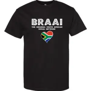 A black T-shirt with “Braai – The Original South African Social Network” text and a heart-shaped South African flag.
