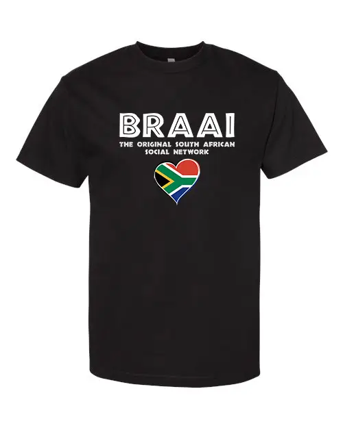 A black T-shirt with “Braai – The Original South African Social Network” text and a heart-shaped South African flag.