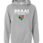 Light grey hoodie with “Braai – The Original South African Social Network” printed on the front, featuring a South African heart emblem.