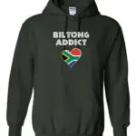 A forest green hoodie with “Biltong Addict” text and a heart-shaped South African flag.