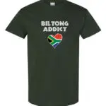 A forest green T-shirt with “Biltong Addict” text and a South African flag heart.