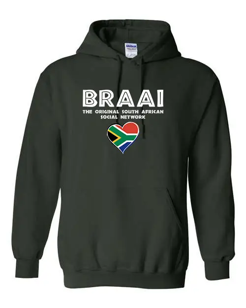 Forest green hoodie with “Braai – The Original South African Social Network” printed in white, with a South African heart emblem.