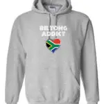 A light grey hoodie featuring “Biltong Addict” text and a heart-shaped South African flag.