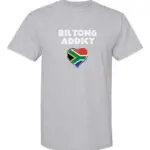 A light grey T-shirt featuring the “Biltong Addict” text with a South African flag heart.