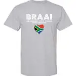 A light grey T-shirt with “Braai – The Original South African Social Network” text and a heart-shaped South African flag.