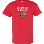 A red T-shirt with “Biltong Addict” text and a heart-shaped South African flag design on the front.
