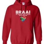 Bold red hoodie with “Braai – The Original South African Social Network” text and a South African heart design.