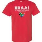 A bold red T-shirt with “Braai – The Original South African Social Network” text and a heart-shaped South African flag.
