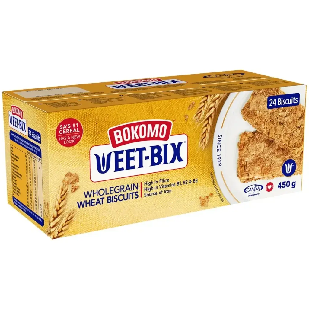 Box of Bokomo Weet-Bix 450g with 24 wholegrain wheat biscuits, available in Canada