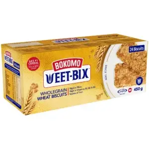 Box of Bokomo Weet-Bix 450g with 24 wholegrain wheat biscuits, available in Canada